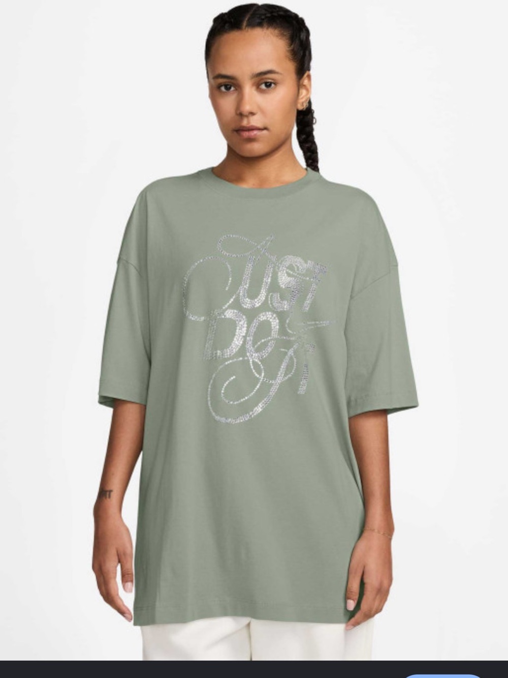 Nike Women's Sage Green Oversized 'Just Do It' Tee with Silver Logo